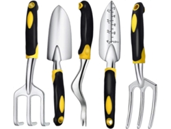 Conjunto de 5 ferramentas de jardinagem em alumínio com cabo ergonômico de borracha macia, ideais para o cultivo de suculentas e outras plantas.