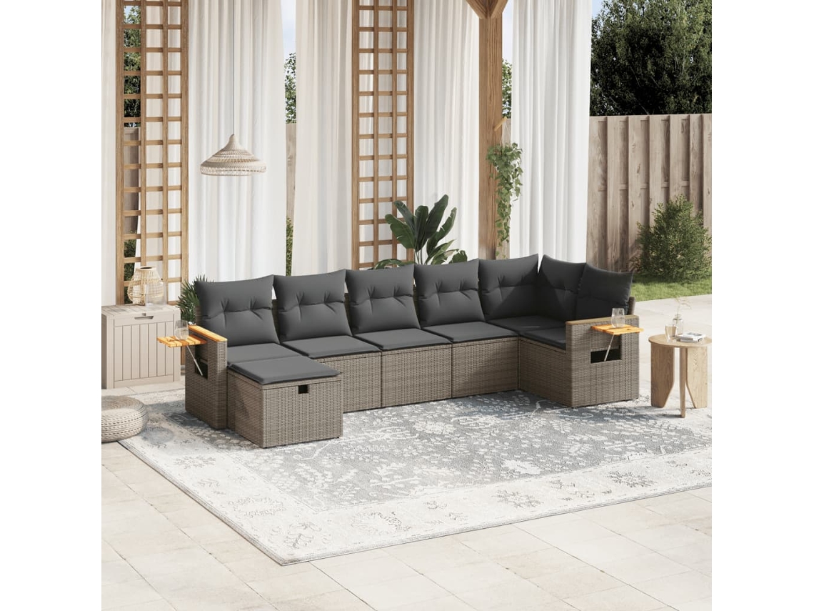 Conjunto de sofá de jardín de 7 piezas con cojines, mimbre gris, DKD Home Decor