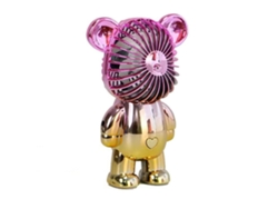 Ventilador portátil recargable por USB, diseño de oso rojo y dorado.