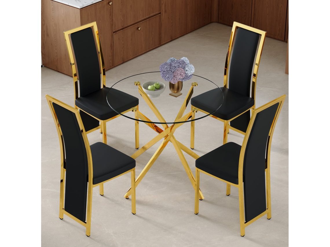 Conjunto de mesa y sillas de 88 cm: cristal templado, base en forma de cruz dorada + 4 sillas negras con borde dorado - negro/dorado/transparente