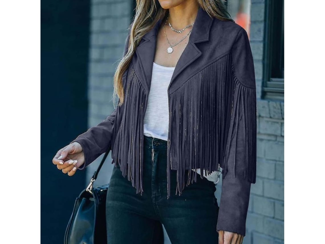 Chaqueta de mujer estilo vaquero de felpa color camel con flecos, manga larga, estilo casual, talla 2XL