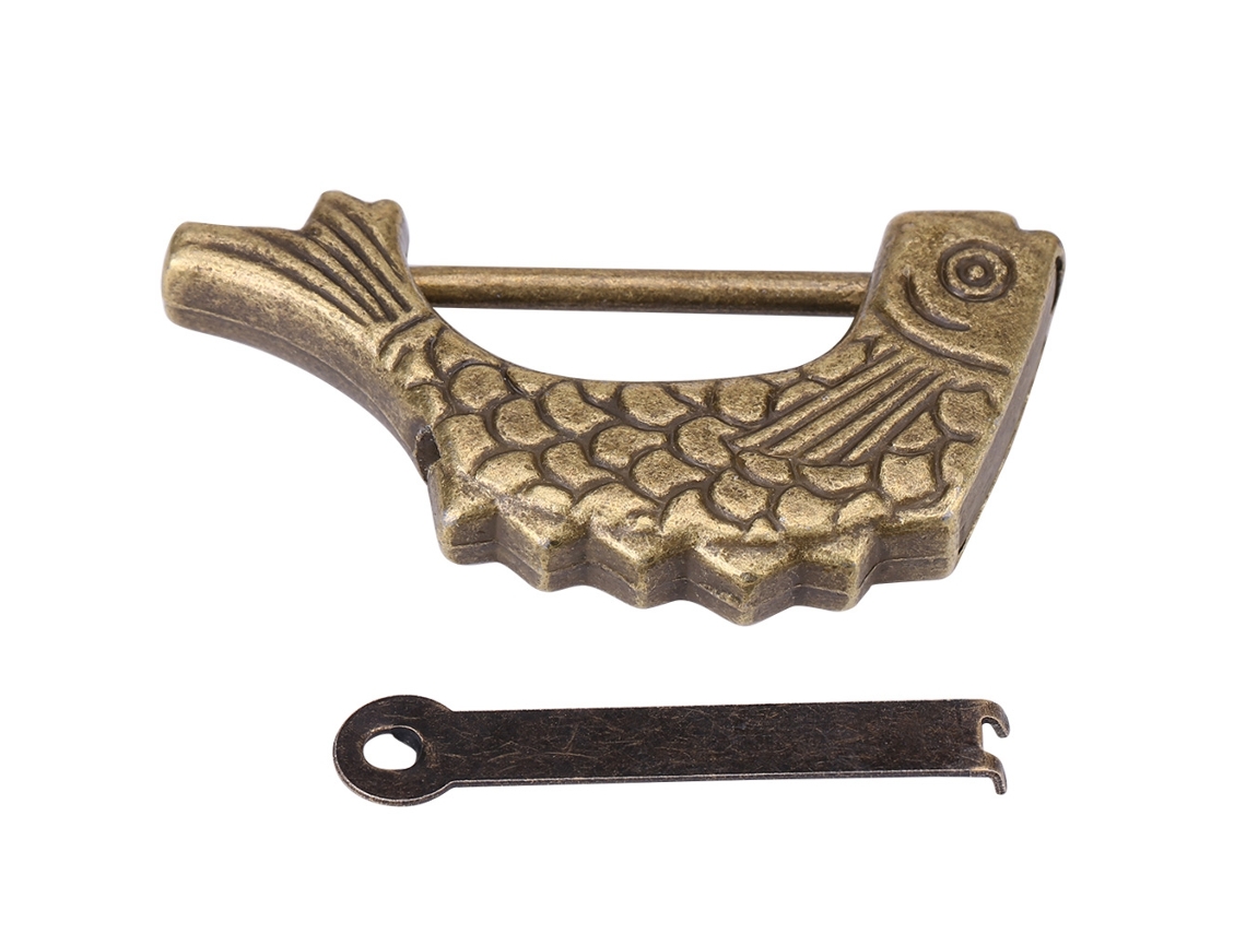 Candado de bronce con diseño de pez chino para cajones, cajas y joyas: seguridad y decoración tradicionales.
