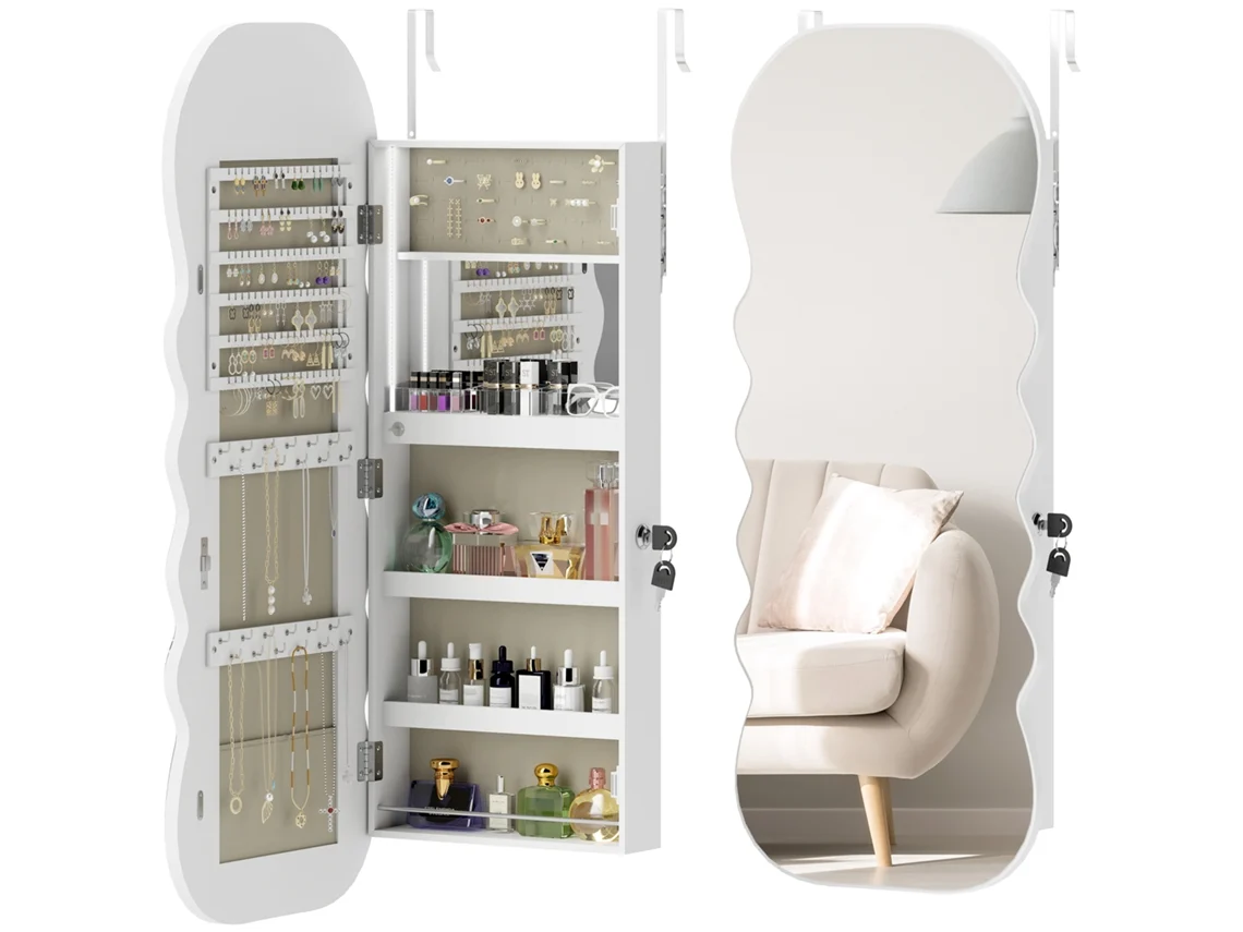 Espejo joyero con soporte de pared LED y cerradura, blanco.