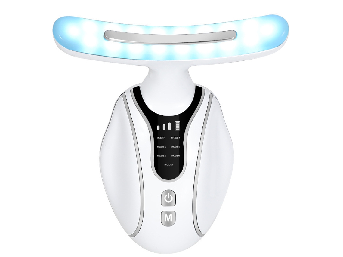 Masajeador facial 7 en 1 con terapia de luz LED para rejuvenecimiento facial eléctrico y lifting de cuello.