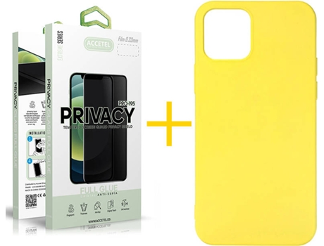 Kit Carcasa y Protector Cristal 1X Privacy Iphone 11 Pro Max Accetel Silicona Amarillo