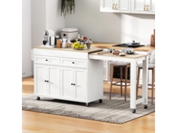 Isla De Cocina Con Ruedas Extensible - Encimera Y Cajones - Blanco Y Natural