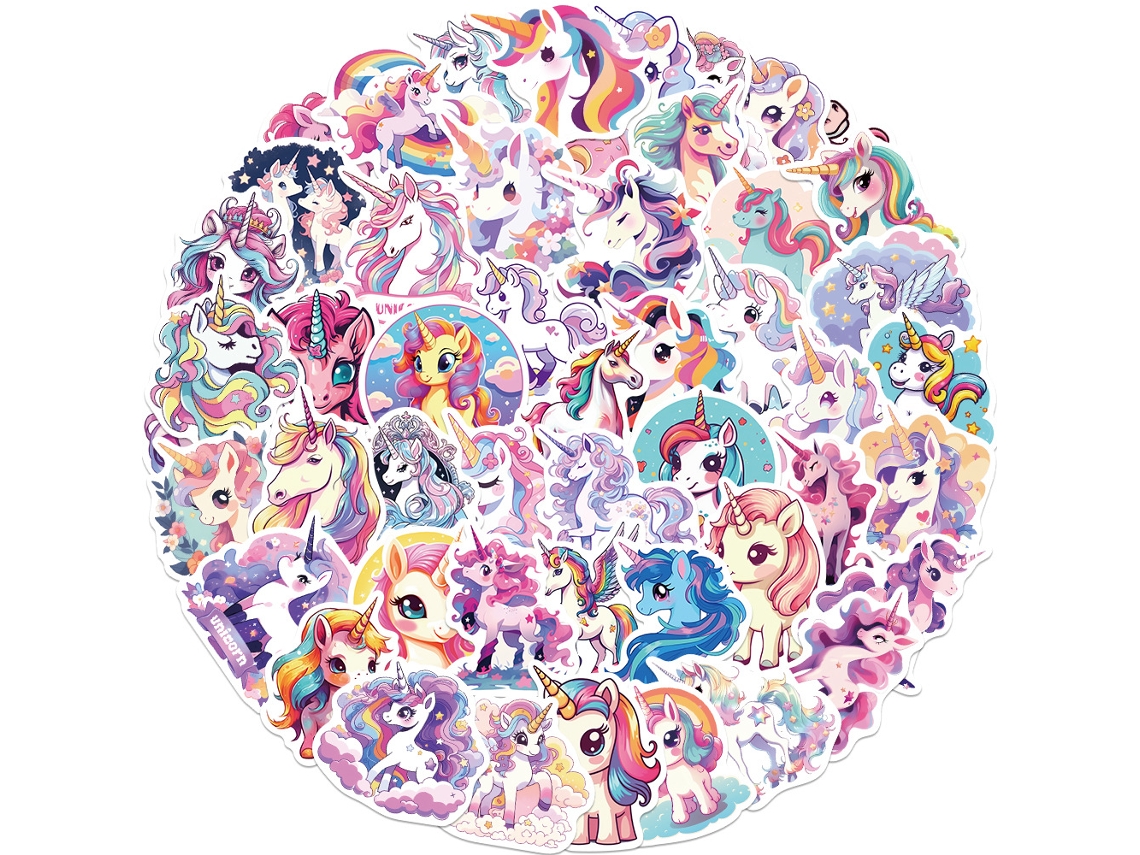 50 pegatinas impermeables de unicornios y otros animales de dibujos animados.