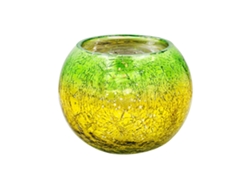 Vela de vidrio electrolítico con degradado verde amarillo. Diámetro 6,5 cm. Altura 8 cm.