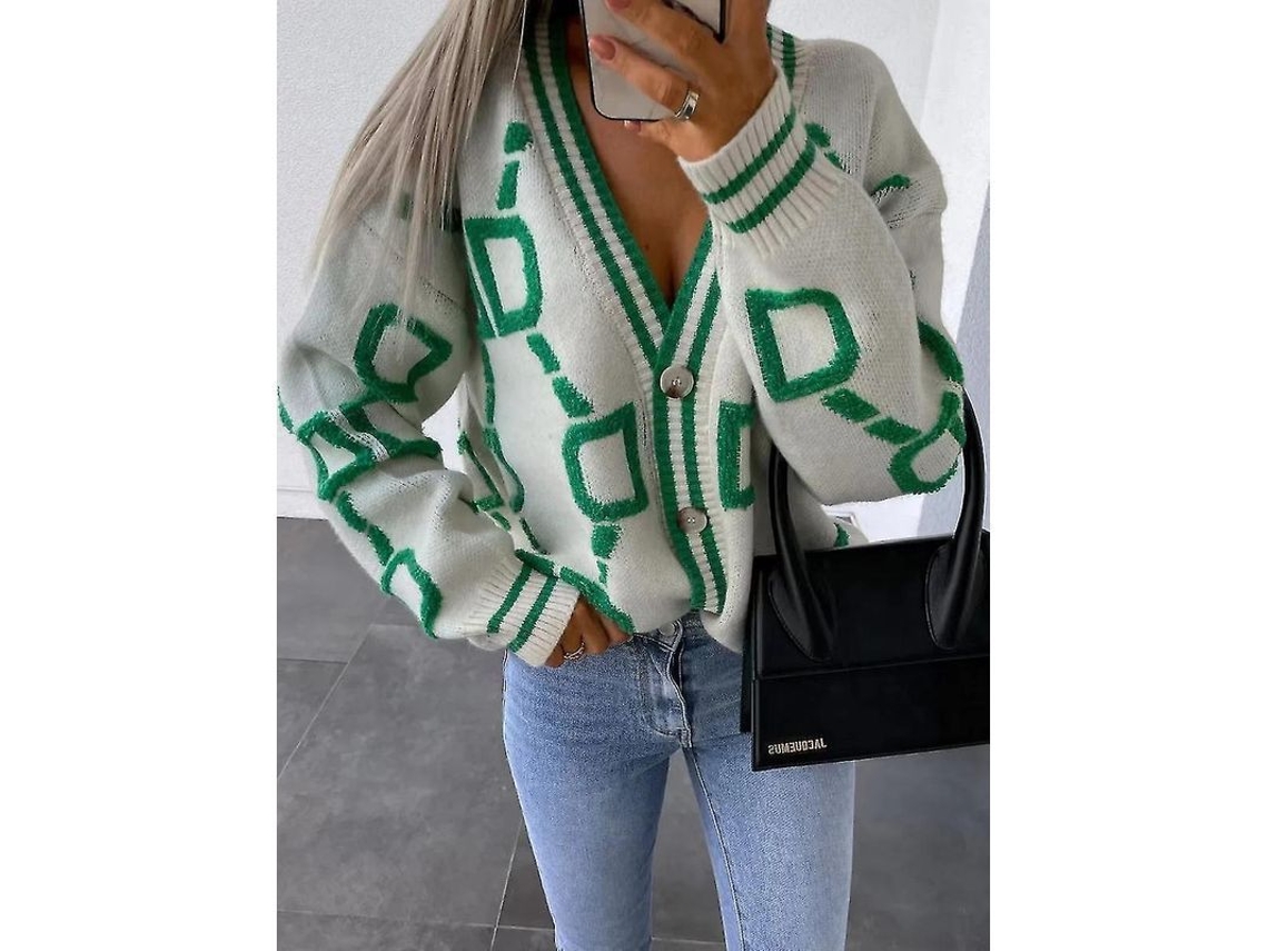 Cárdigan de mujer para invierno/otoño 2026, de punto, manga larga, cuello en V, corte holgado, cálido y grueso, estilo inglés informal, estampado verde.