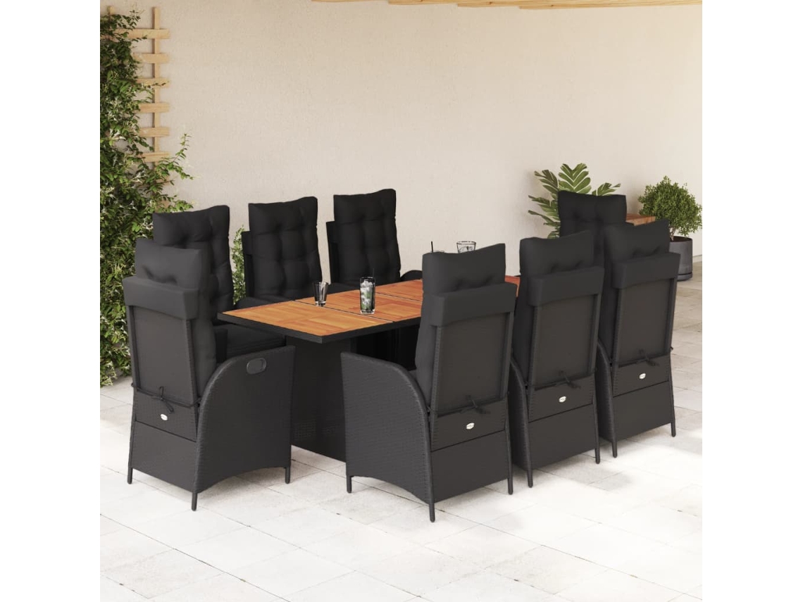 Juego de comedor de jardín de 9 piezas con cojines, mimbre sintético negro, DKD Home Decor