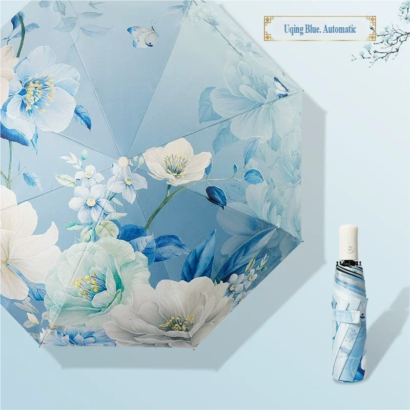 (estilo 3 8k) Paraguas Plegable Con Estampado De Flores Chinas, Protección Uv Y Doble Uso.