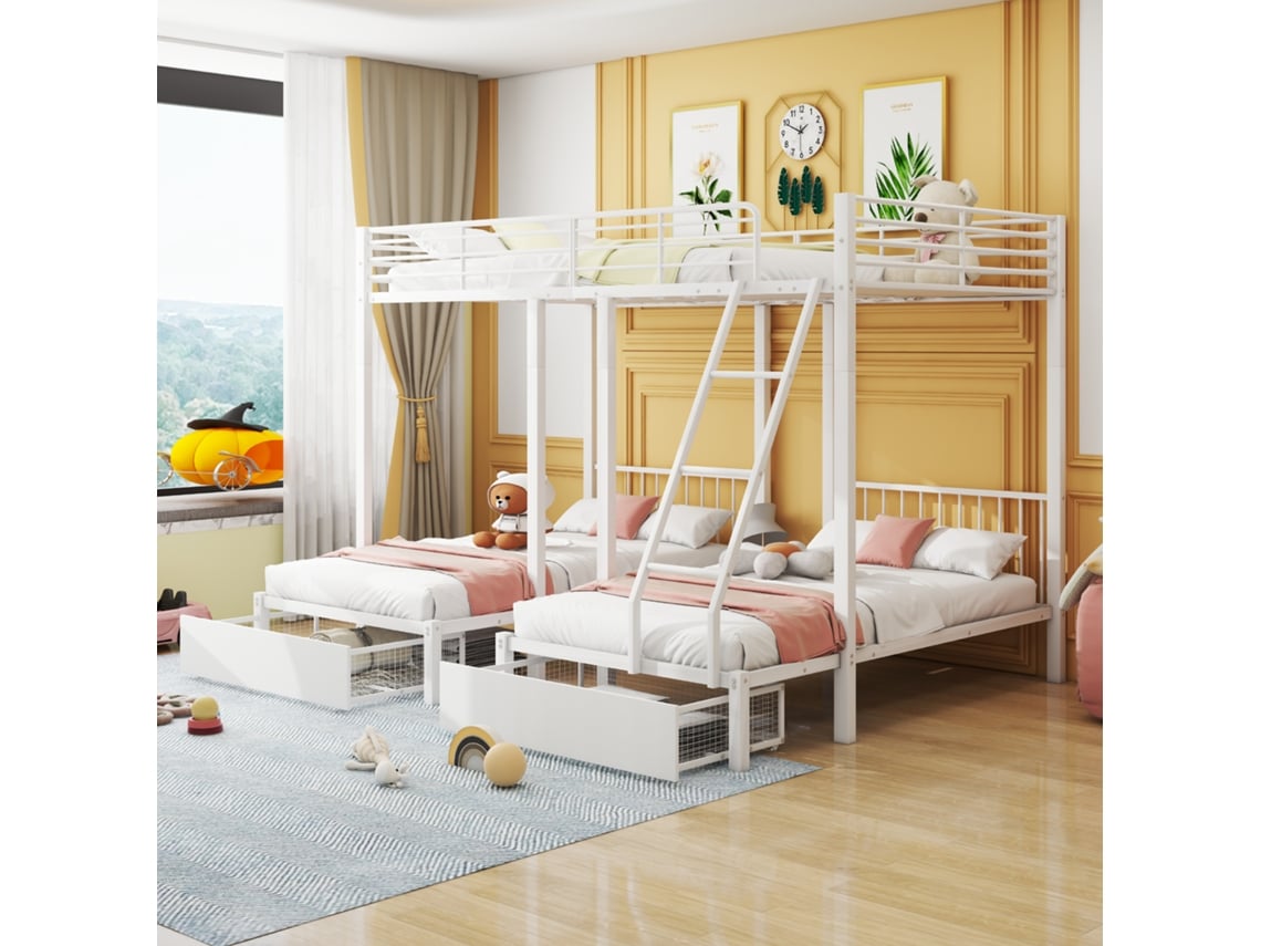 Cama Modular De Metal De 140x200 Con 2 Camas, Blanca.