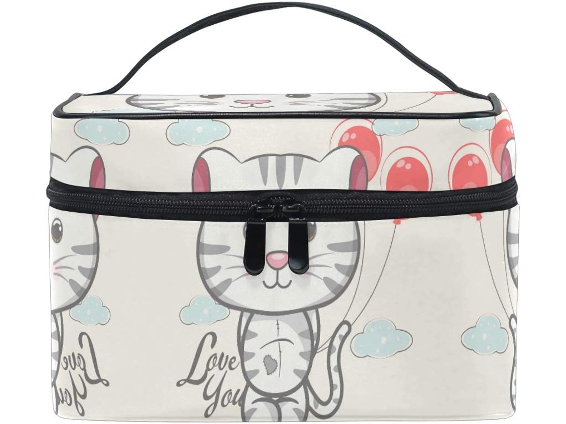 Neceser divertido con estampado de gato blanco, organizador de cosméticos, tela, cremallera | Sin marca