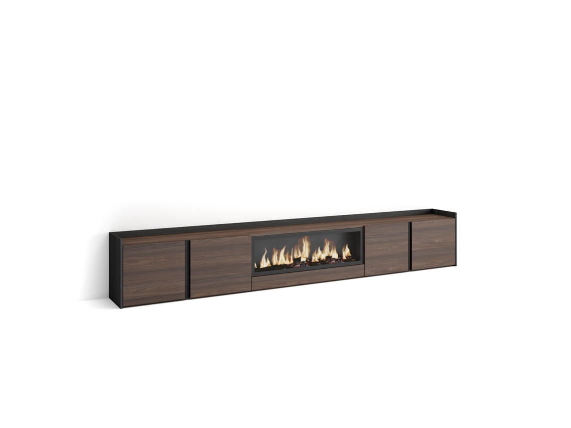 Mueble Tv, Televisión, 315x35x50cm, Para Tv Hasta 80", Chimenea Eléctrica Xxl, Roble Oscuro Y Negro
