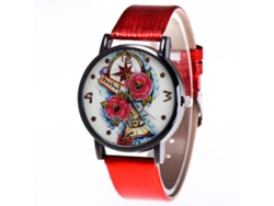 Reloj De Cuarzo Con Correa De Cuero Pu Para Unisex Con Dial Redondo Y Patrón Floral (rojo)