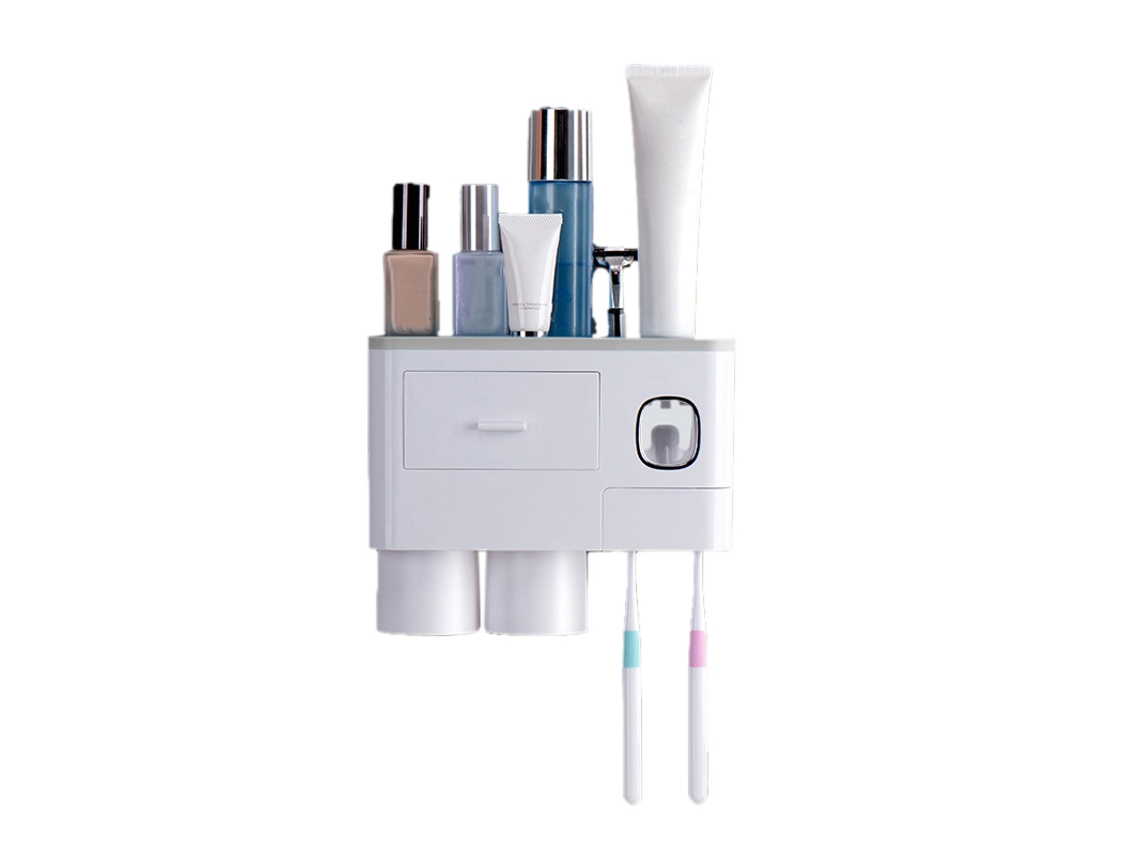 Soporte Multifuncional De Pared Para Cepillos De Dientes Con Dispensador De Pasta Dental Y 2 Vasos - Gris