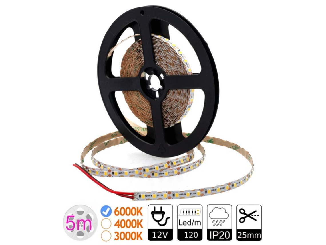 Tira Led 12V 6000K 120 Led/M 9,6W/M Corte 25mm PCB 6mm 5 Metros JANDEI