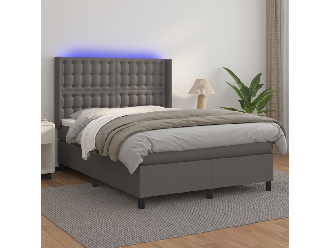 Cama Box Spring Colchón Y Led Cuero Sintético Gris 140x200 Cm