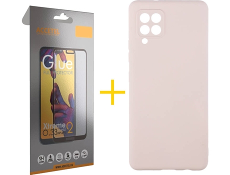 Funda y Protector de Vidrio Full Samsung Galaxy A42 5G ACCETEL Silicona Líquida Rosa Crema