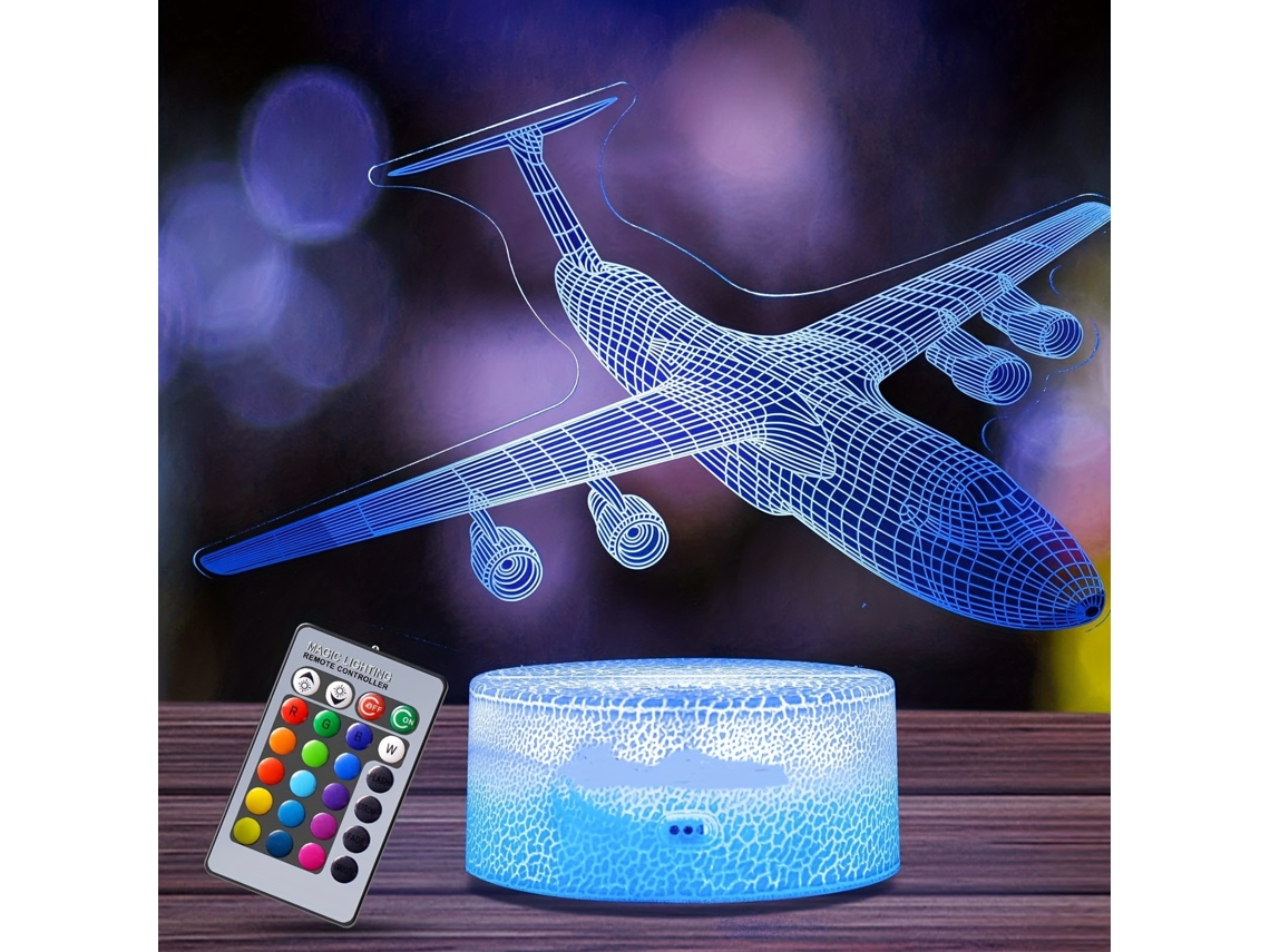 Luz Nocturna Infantil, Tira De Luz Visual 3d Con Control Remoto, 16 Cambios De Color. Avión. Siurn