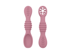 Juego De Cubiertos Para Bebé (color Rosa), Elaborado En Silicona De Grado Alimenticio, Con Cuchara Adhesiva.