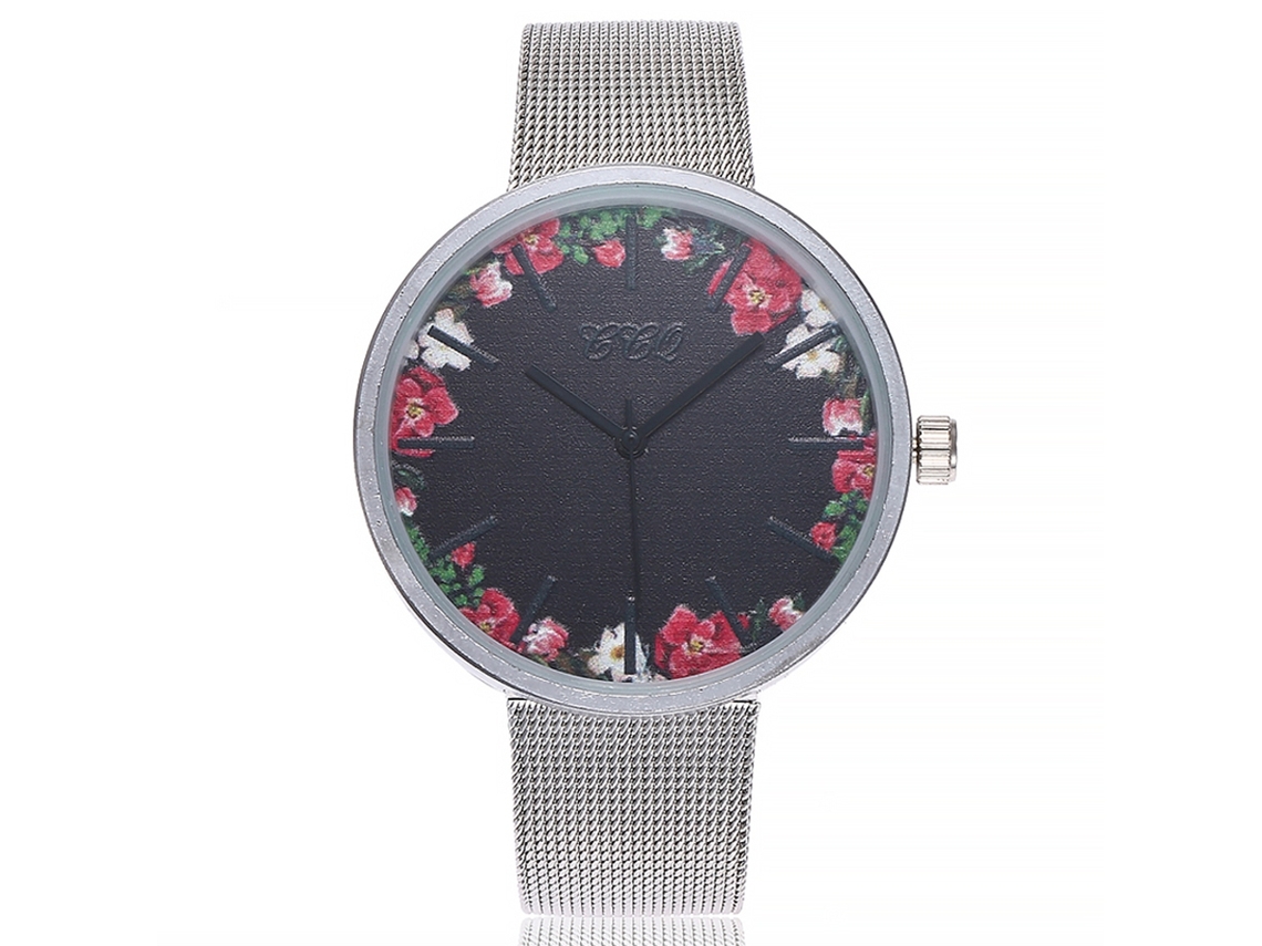 Reloj De Pulsera De Cuarzo Para Mujer Ccq C232-2 Con Correa De Malla De Aleación Y Estampado Floral.
