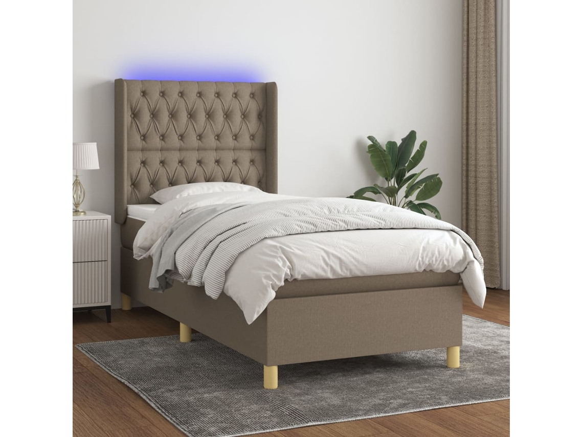 Cama Box Spring Colchón Y Luces Led Tela Gris Taupe 90x200 Cm