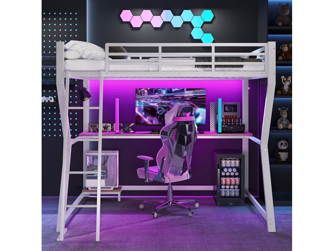 Cama Alta 90x200cm - Con Led, Escritorio, Toma Usb, Estante Para Consola, Escalera, Sin Colchón - Blanco