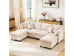 Sofá modular 6 plazas en L con reposapiés extraíble, color beige, de la marca Mobrio.