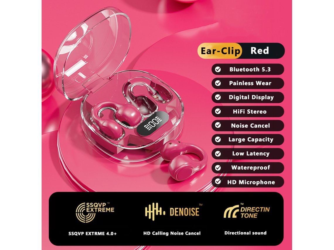 Auriculares Inalámbricos Bluetooth 5.3 (rojos), Con Gancho Para La Oreja Y Pantalla Led.