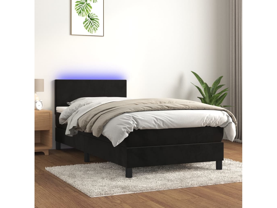 Cama Box Spring Colchón Y Led Terciopelo Negro 100x200 Cm