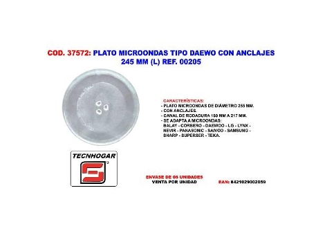 Plato microondas tipo daewo con anclajes 245 mm (l) ref. 00205