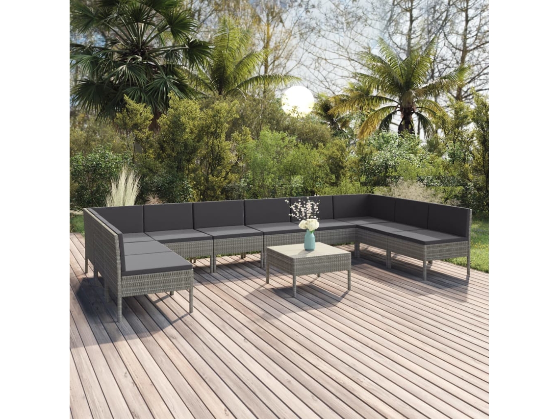 Conjunto de jardín de 11 piezas con cojines, ratán gris, DKD Home Decor