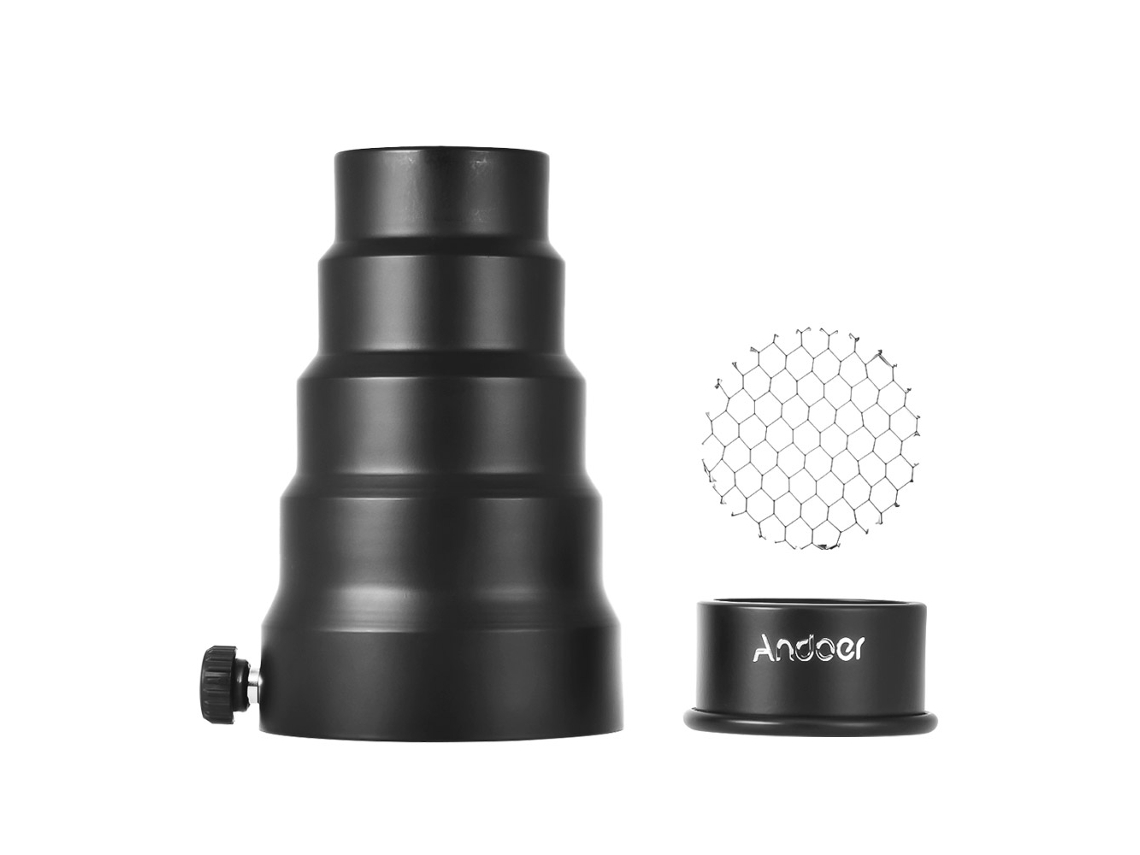 Andoer Boquilla Metalica Mini 98mm Con Rejilla Hexagonal Y 5 Filtros De Color Para Flash Neewer Godox 180w 250w 300w