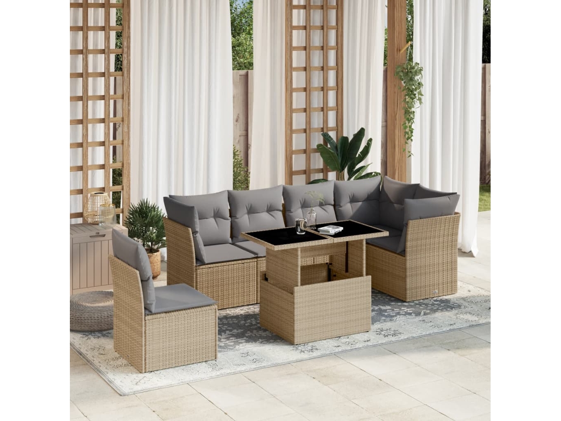 Conjunto de sofá de jardín de 7 piezas con cojines, mimbre sintético beige, Dkd Home Decor