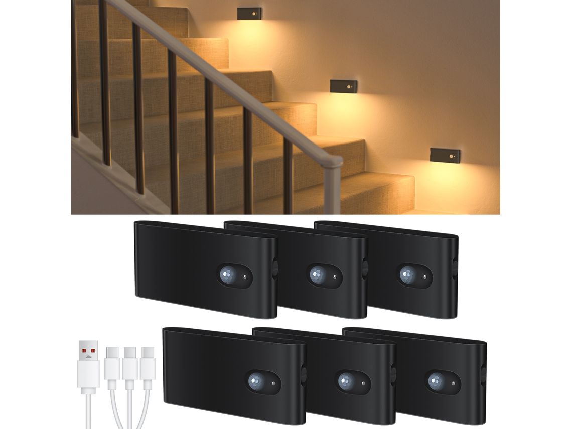 (negro, Juego De 6 Piezas) Luz Nocturna Recargable Con Sensor De Movimiento, Luz Interior Blanca Cálida