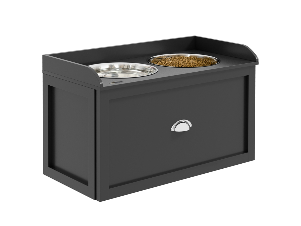 Comedero Doble Para Perros/gatos - Estante De Almacenamiento Elevado 2 En 1 - Cajón, 2 Cuencos - Acero Inoxidable Y Mdf Negro