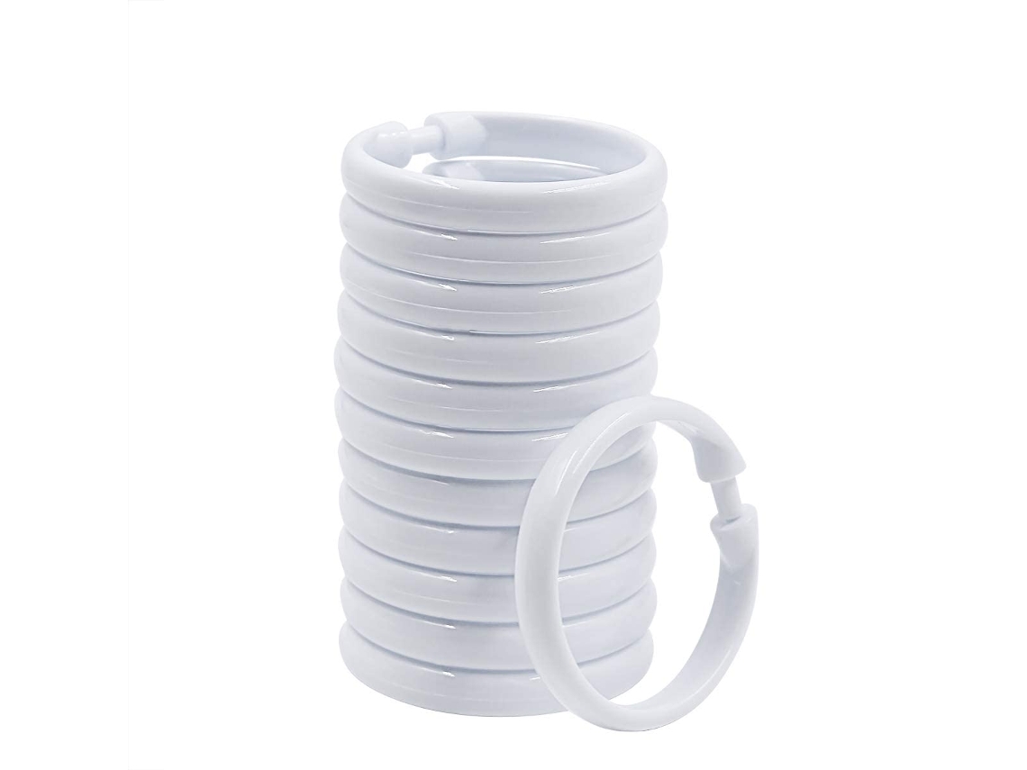 Paquete de 12 anillas de plástico para cortina de ducha con resorte superior, ganchos deslizantes y clip para cortina de baño, color blanco Jortmrd