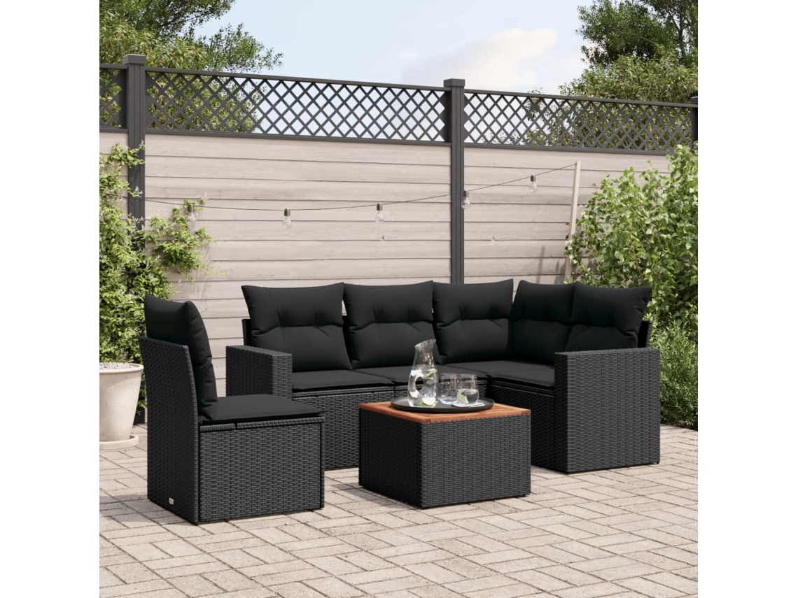 Conjunto de sofá de jardín de 6 piezas con cojines, mimbre sintético negro, DKD Home Decor