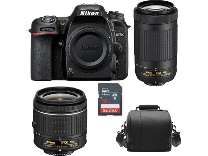 Kit Cámara Réflex NIKON D7500 AF-P 18-55MM F3.5-5.6G VR + AF-P 70-300MM F4.5-6.3 ED VR DX Bolsa +16 GB SD