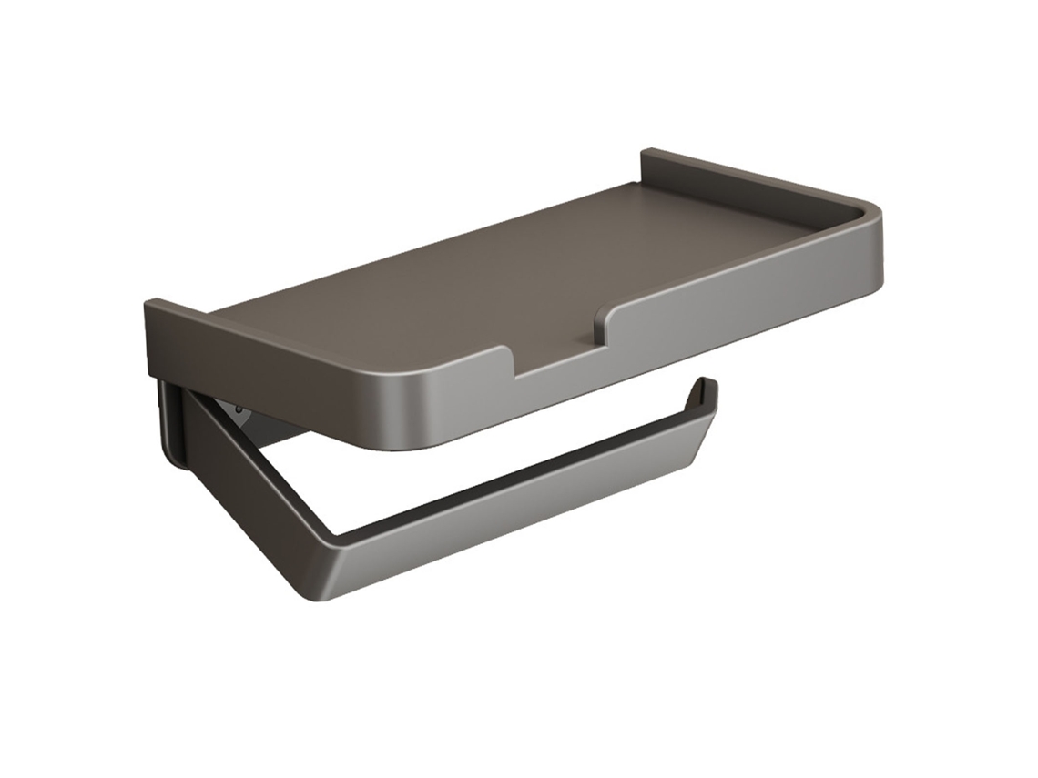 Portarrollos de papel higiénico de pared con estante, no requiere taladrar, fabricado en aluminio gris, para baño.
