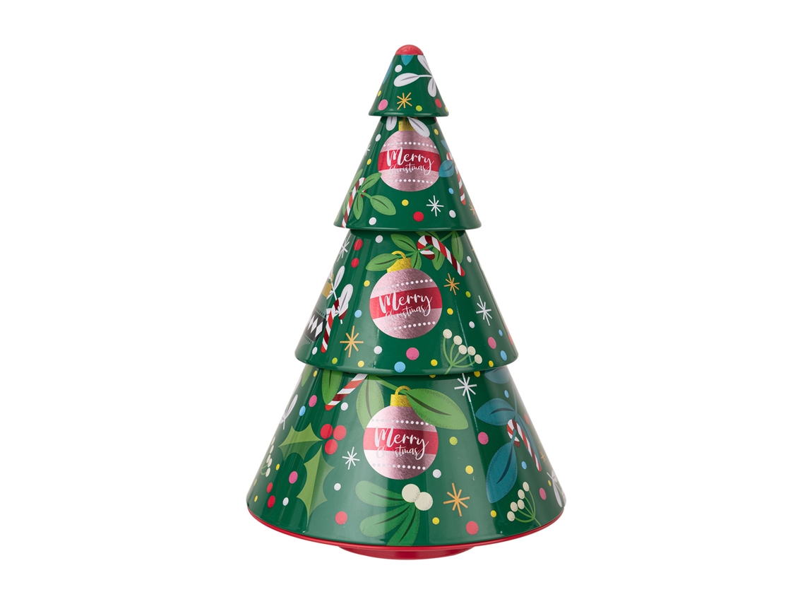 Caja de bombones de hojalata verde con forma de árbol de Navidad