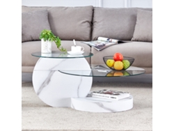 Mesa De Centro De Cristal Con Espejo De Seguridad, Dos Niveles Y Tablero De Mármol Blanco.