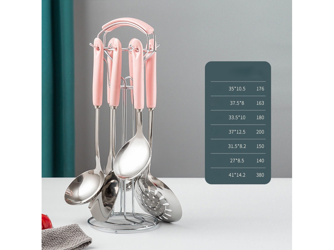 Juego De 7 Utensilios De Cocina De Acero Inoxidable 304: Espátula Ancha Plateada, Cucharón Ranurado Para Sopa, Cuchara Para Espaguetis Y Más