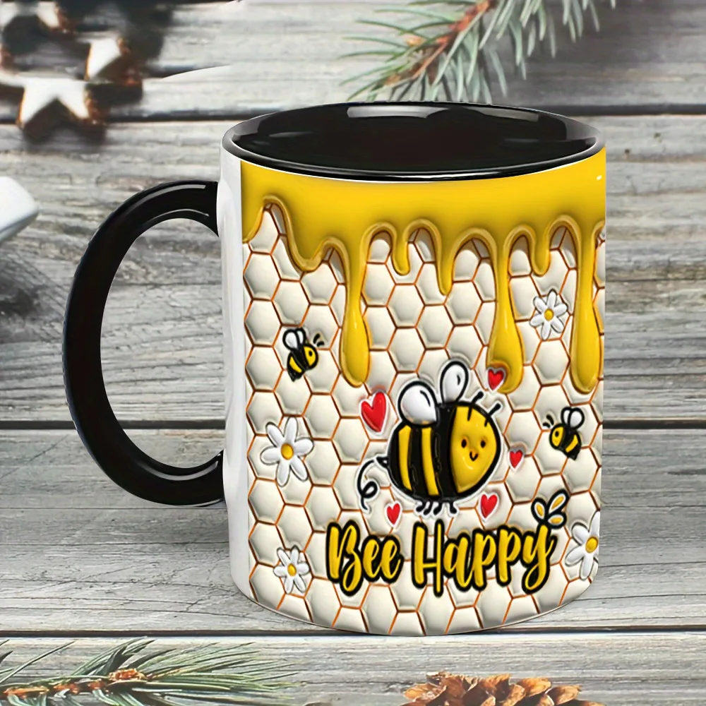 Taza de cerámica Bee Happy (negra, 330 ml) - Taza 3D para té con leche - Taza creativa para el desayuno