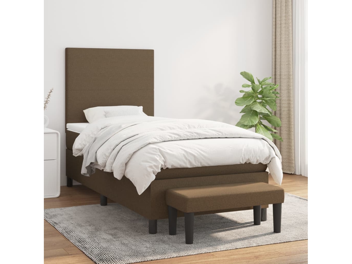 Cama Box Spring Con Colchón Tela Marrón Oscuro 90x200 Cm