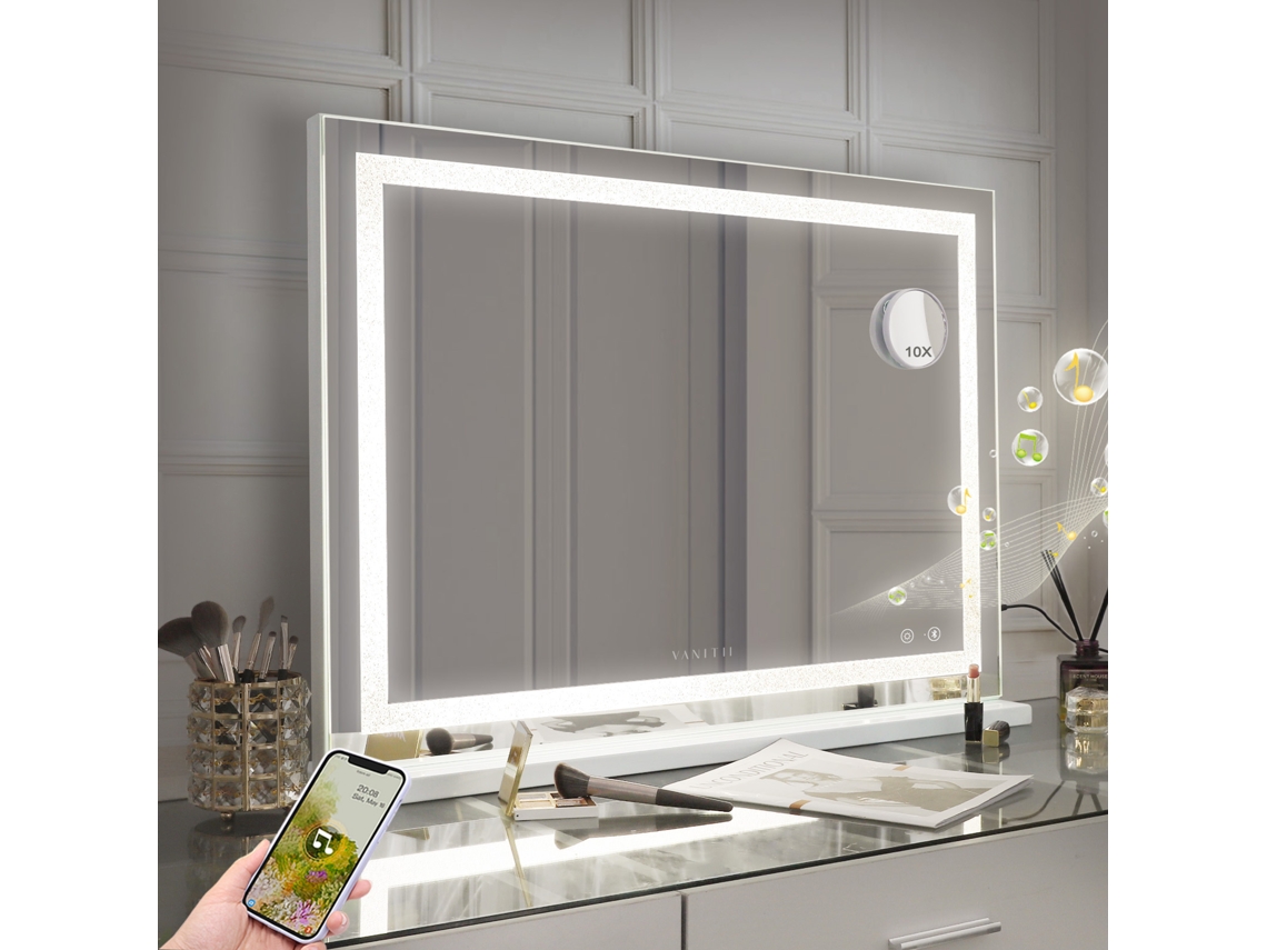 Cristal Espejo De Maquillaje De Bluetooth Hollywood Con Luces Con Carga Usb - Mesa-Pared 80 X 58 Cm FENCHILIN