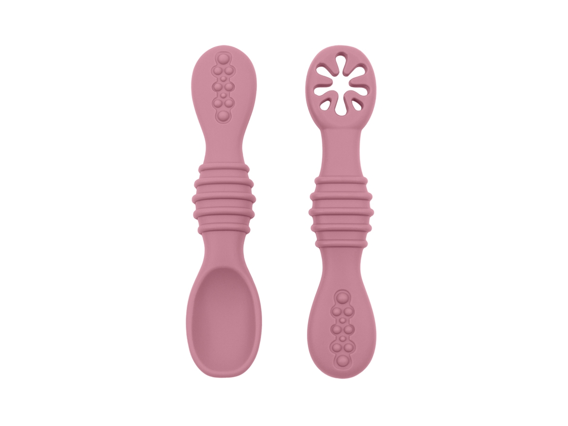 Juego De Cubiertos Para Bebé (color Rosa), Elaborado En Silicona De Grado Alimenticio, Con Cuchara Adhesiva.
