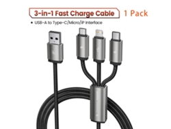 Cable USB 3 en 1, Micro USB/Tipo C/Lightning, Carga, Datos, Para iPhone 14/13/12/Poco/Huawei/Samsung/Xiaomi/Oppo, Color Negro