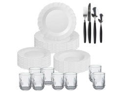 Vajilla Blanca, 24 Piezas, 8 Vasos (300ml), Cubertería San Ignacio (32 Piezas)